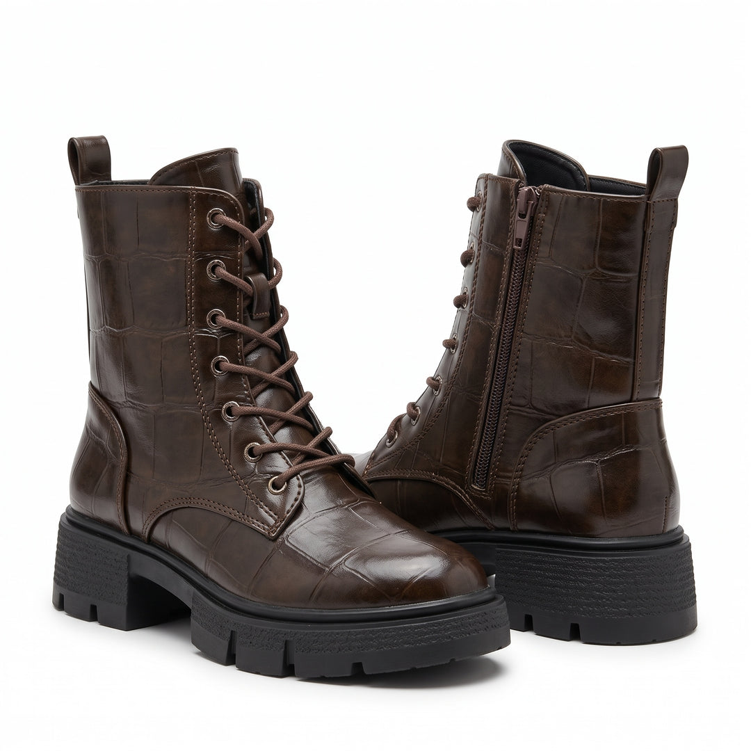 Harper Croc-Embossed Lace-Up Combat Boots