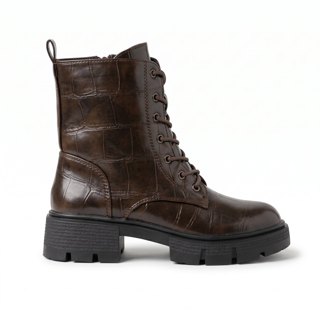 Harper Croc-Embossed Lace-Up Combat Boots