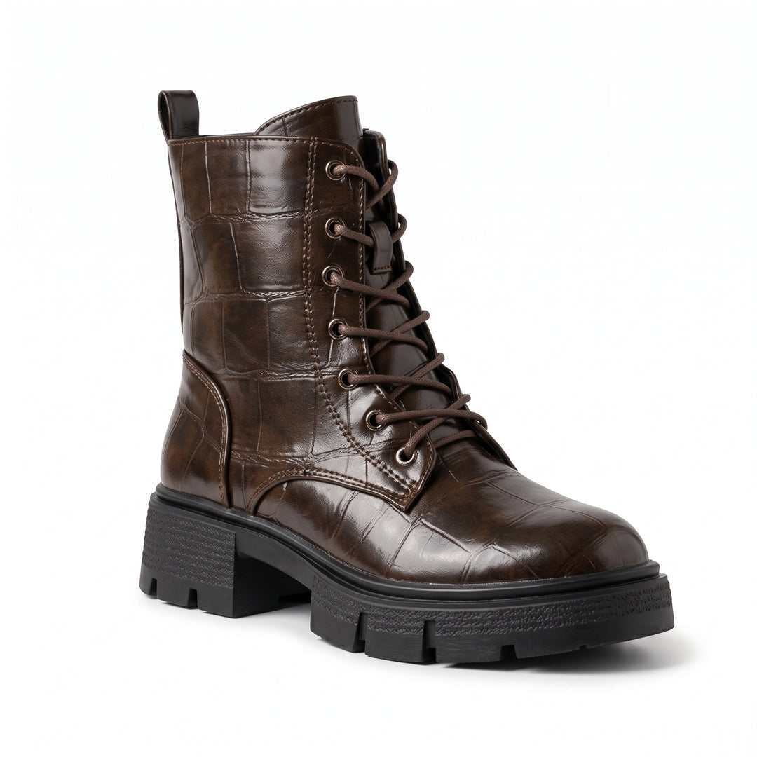 Harper Croc-Embossed Lace-Up Combat Boots