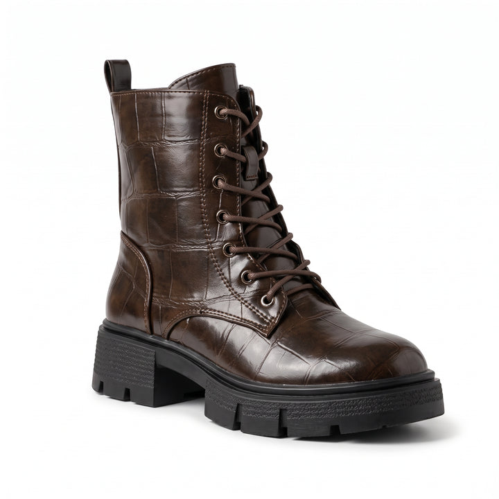 Harper Croc-Embossed Lace-Up Combat Boots