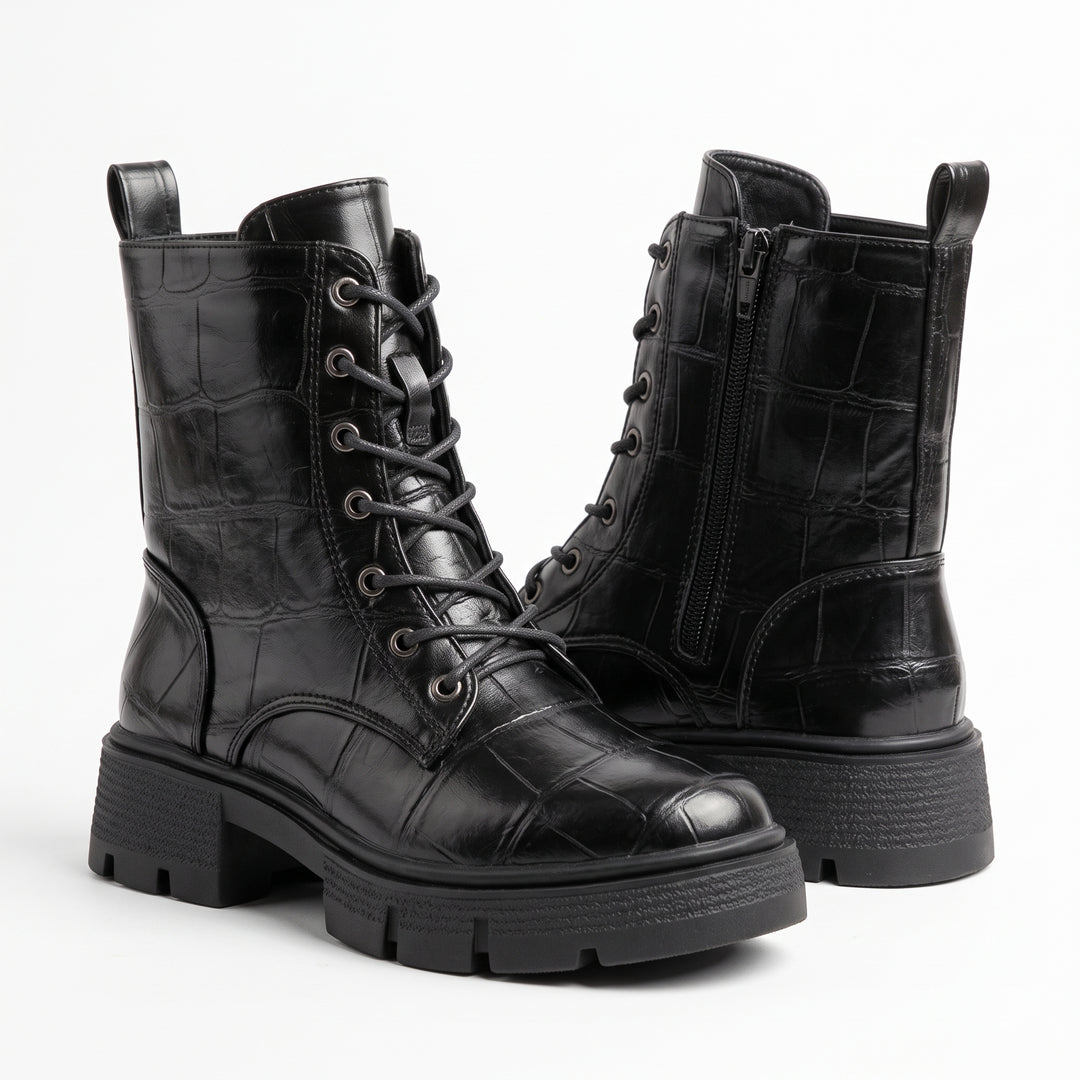 Harper Croc-Embossed Lace-Up Combat Boots