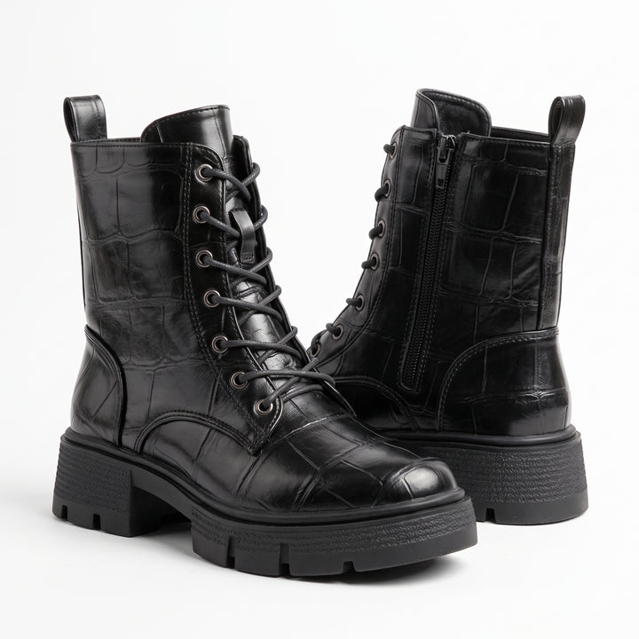 Harper Croc-Embossed Lace-Up Combat Boots