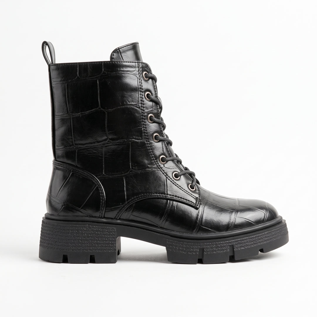 Harper Croc-Embossed Lace-Up Combat Boots