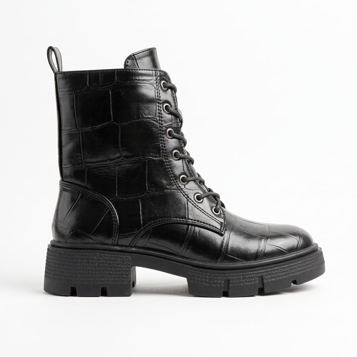 Harper Croc-Embossed Lace-Up Combat Boots