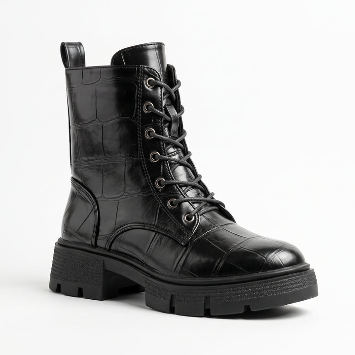 Harper Croc-Embossed Lace-Up Combat Boots