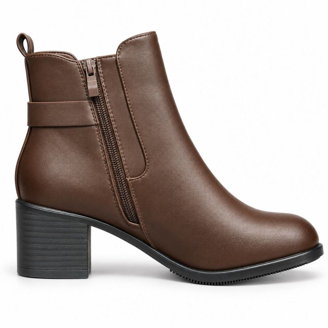 Audrey Buckle Block-Heel Ankle Boots