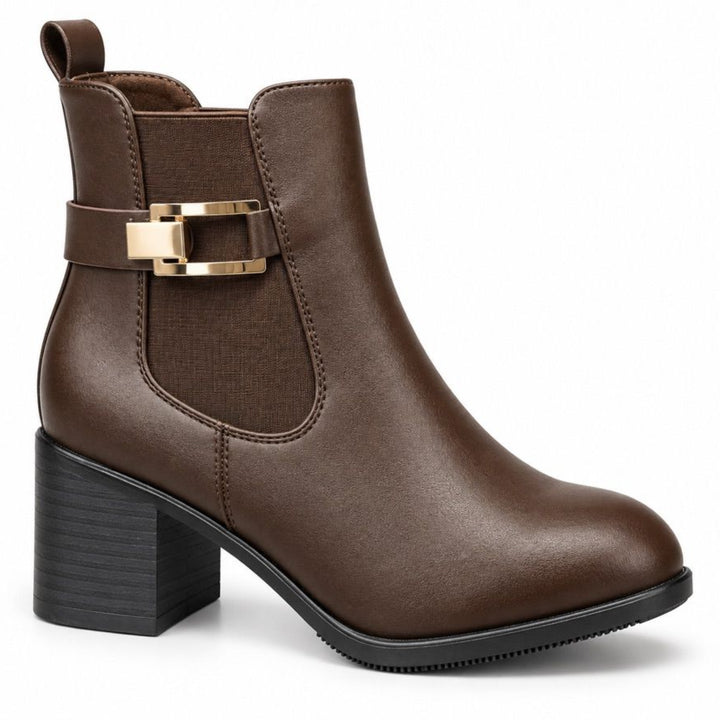Audrey Buckle Block-Heel Ankle Boots