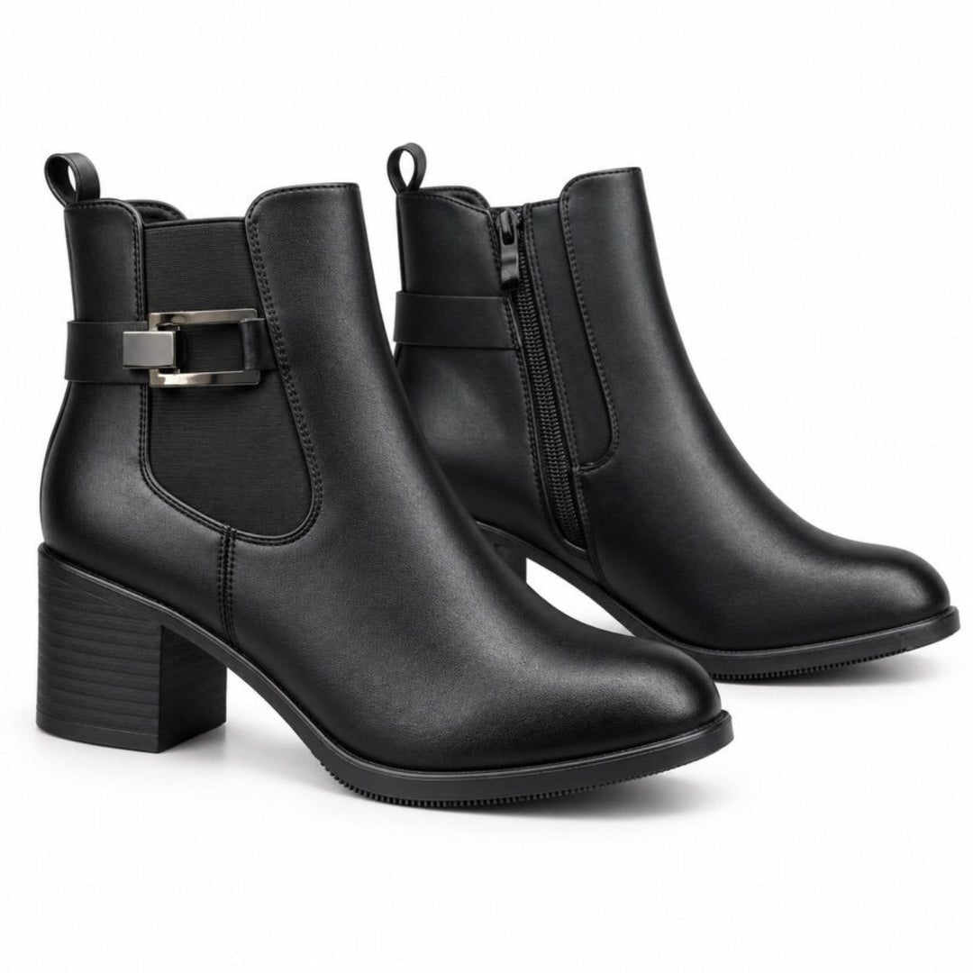 Audrey Buckle Block-Heel Ankle Boots