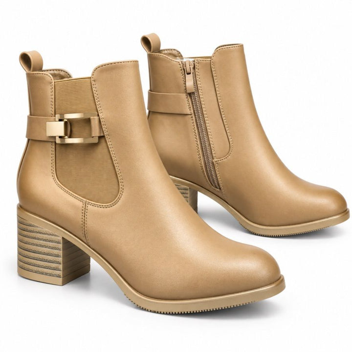 Audrey Buckle Block-Heel Ankle Boots