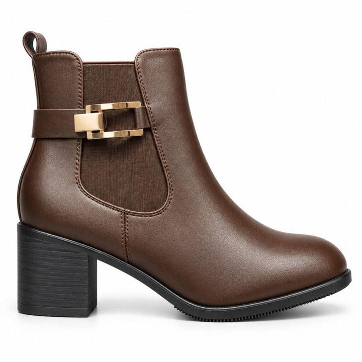 Audrey Buckle Block-Heel Ankle Boots