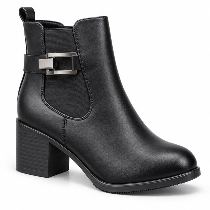 Audrey Buckle Block-Heel Ankle Boots