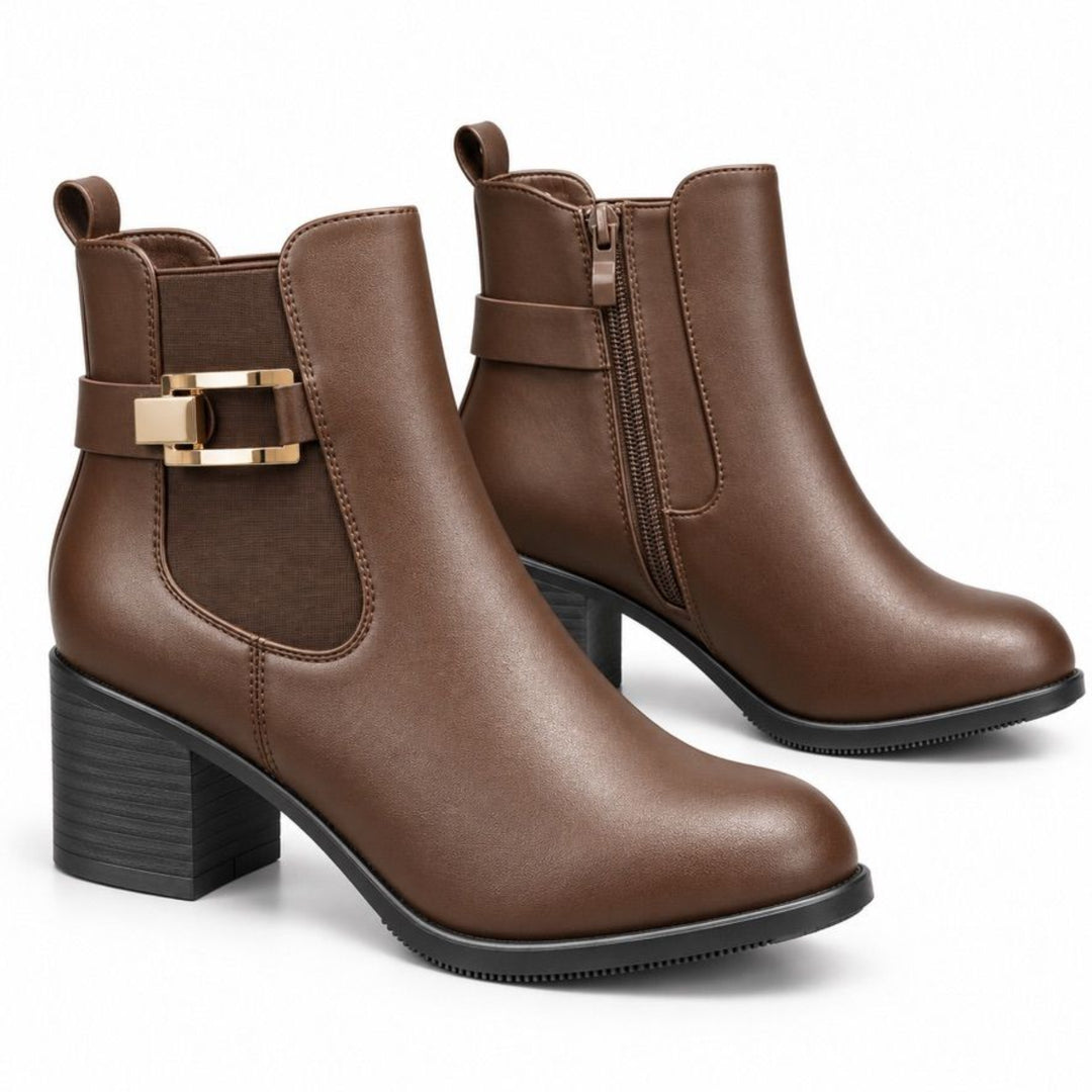 Audrey Buckle Block-Heel Ankle Boots