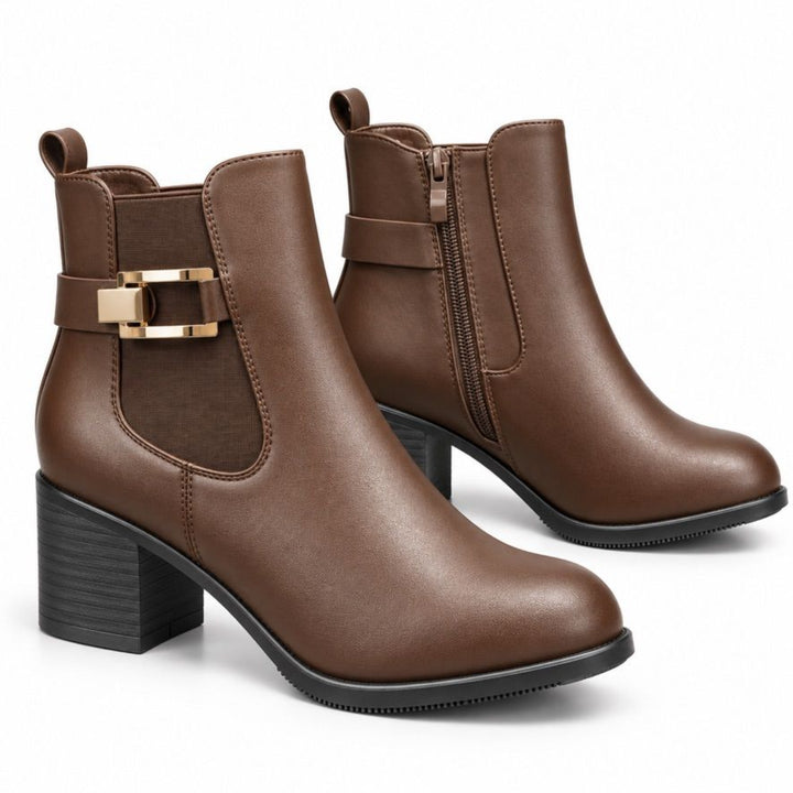 Audrey Buckle Block-Heel Ankle Boots