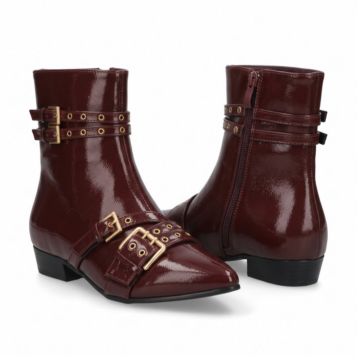 Roxanne Double-Buckle Patent Ankle Boots