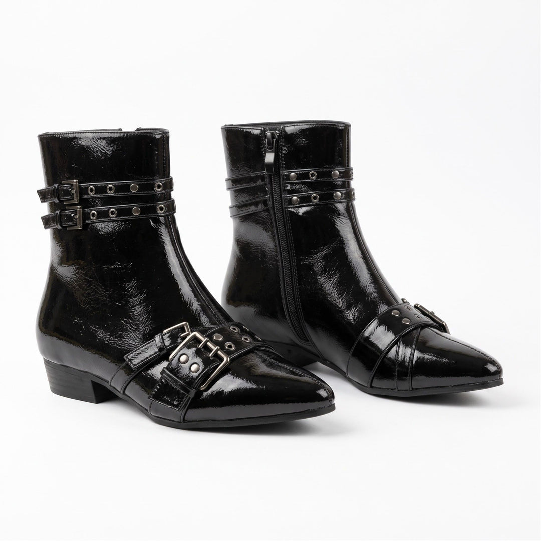 Roxanne Double-Buckle Patent Ankle Boots