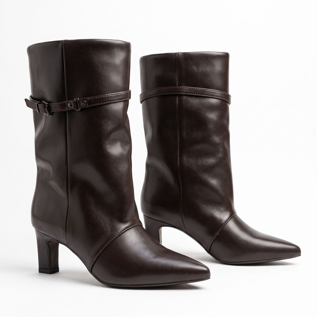 Valentina Buckle-Strap Slouch Mid-Calf Boots