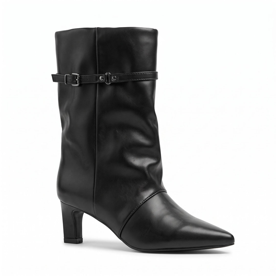 Valentina Buckle-Strap Slouch Mid-Calf Boots