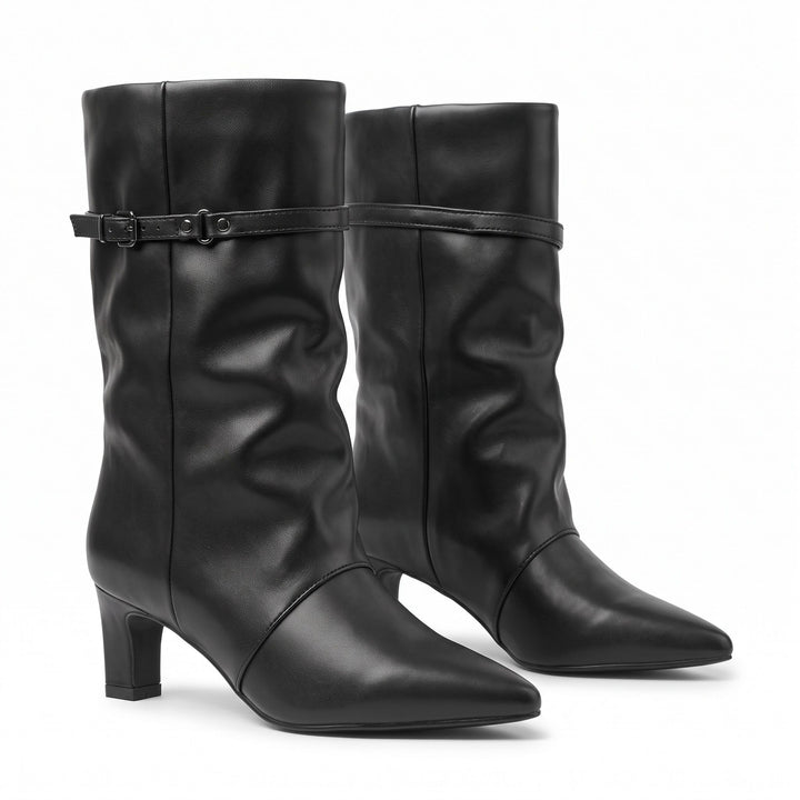 Valentina Buckle-Strap Slouch Mid-Calf Boots