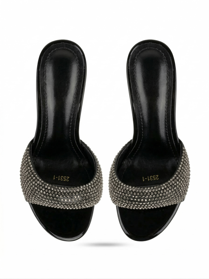 حذاء Mule بكعب أنيق مرصّع بالكريستال – تصميم مفتوح فاخر
